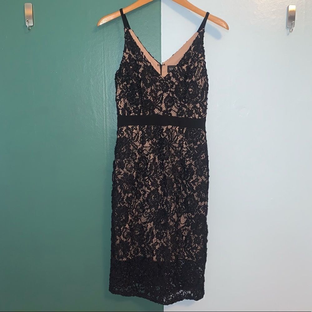Vintage XSCAPE Black Lace Floral Beaded Dress size 6